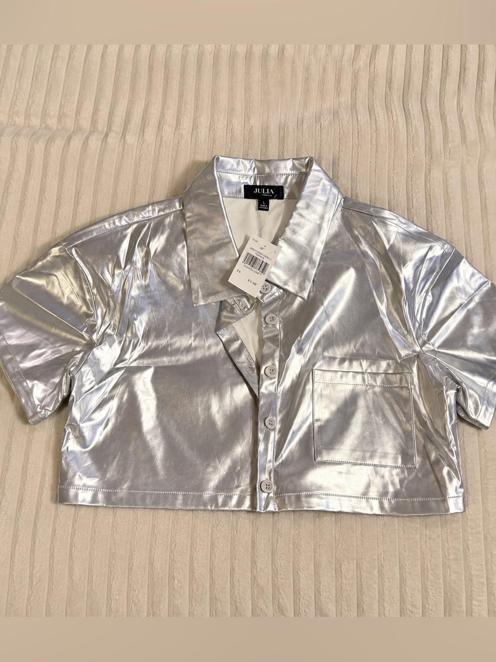 JULIA Silver Metallic Cropped Button-Down Jacket